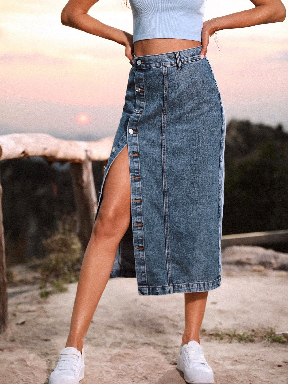Indigo Charm Button-Front Skirt