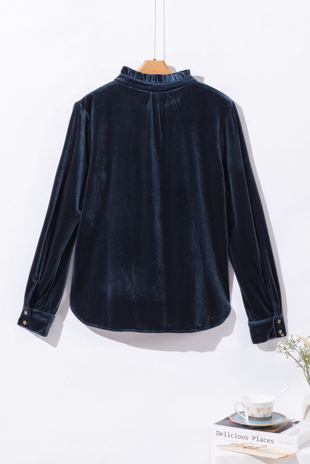 Velvet Button-Up Long Sleeve Blouse