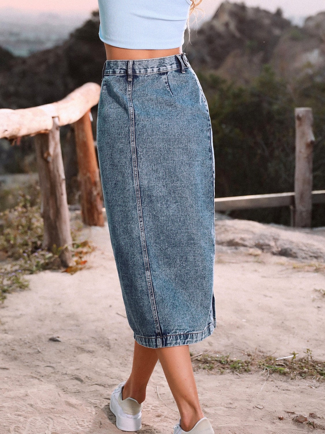 Indigo Charm Button-Front Skirt