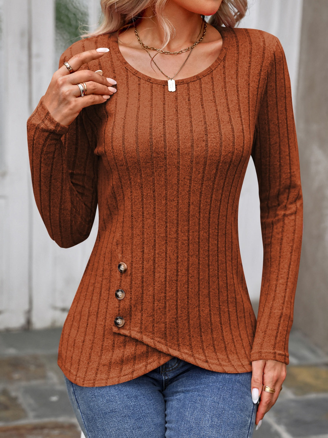 Slate Stripe Button Accent Top