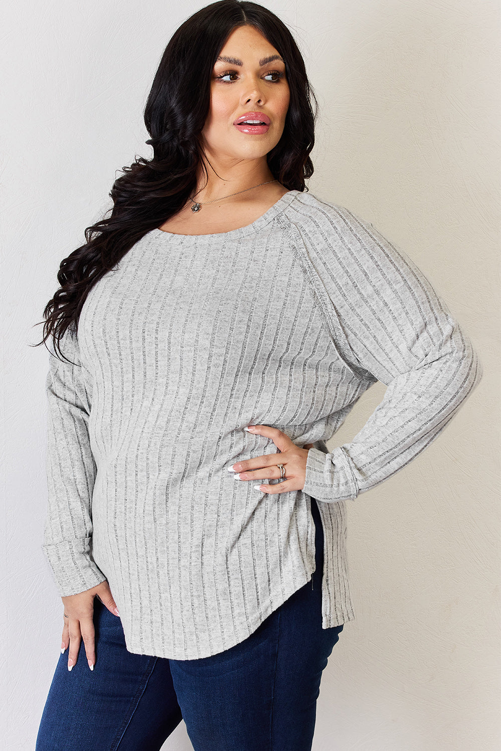 Comfort Ribbed Round Neck Slit T-Shirt