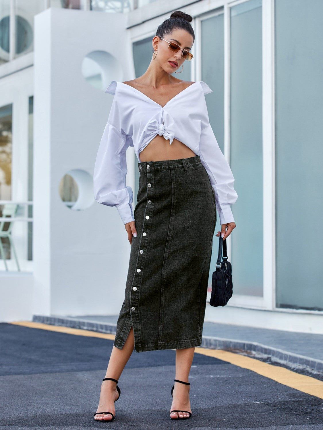 Indigo Charm Button-Front Skirt