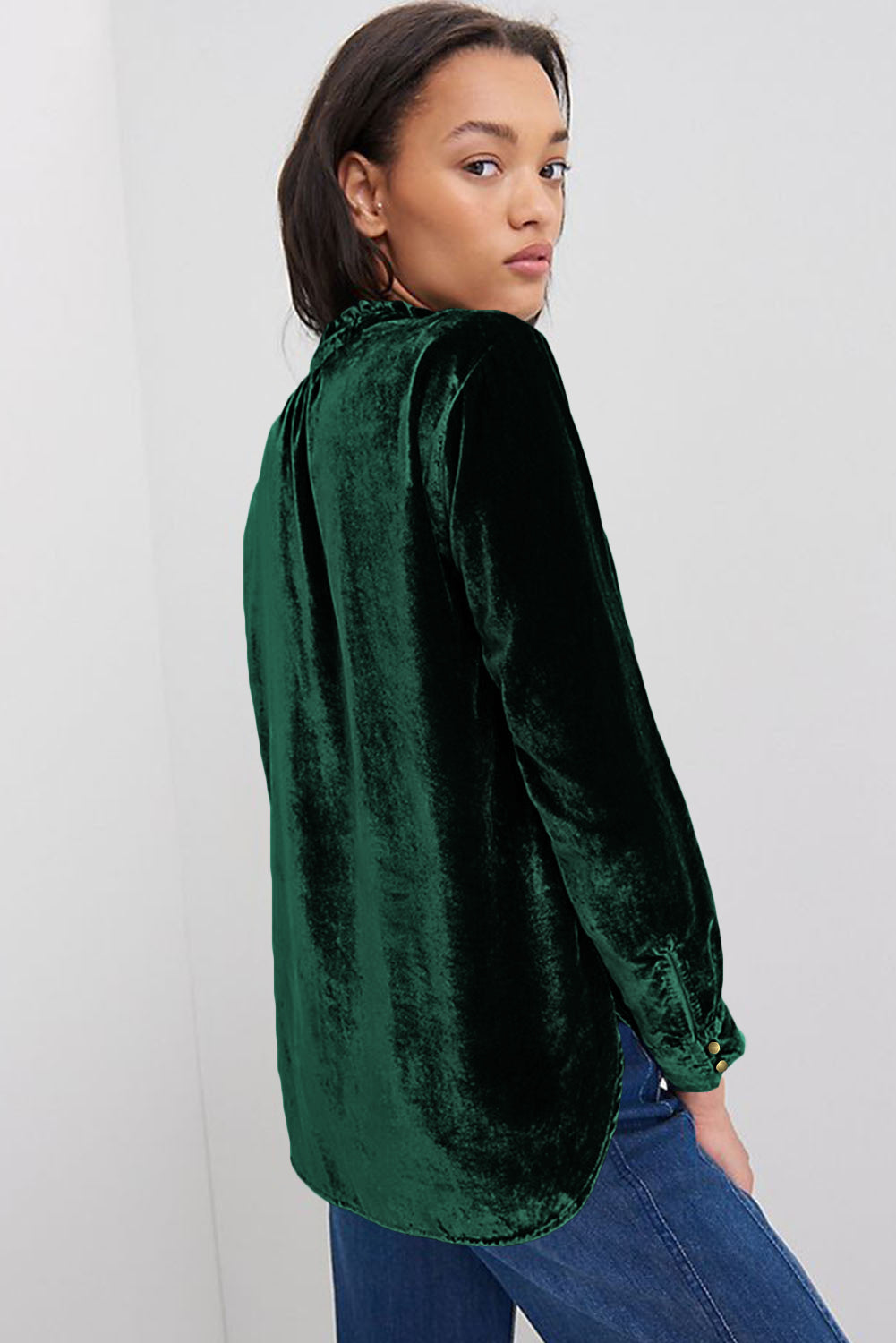 Velvet Button-Up Long Sleeve Blouse