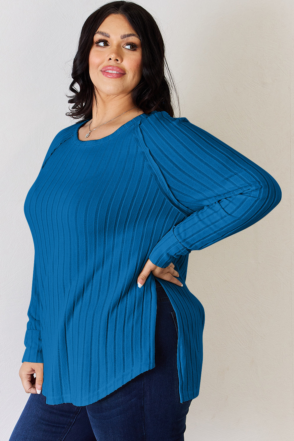 Comfort Ribbed Round Neck Slit T-Shirt