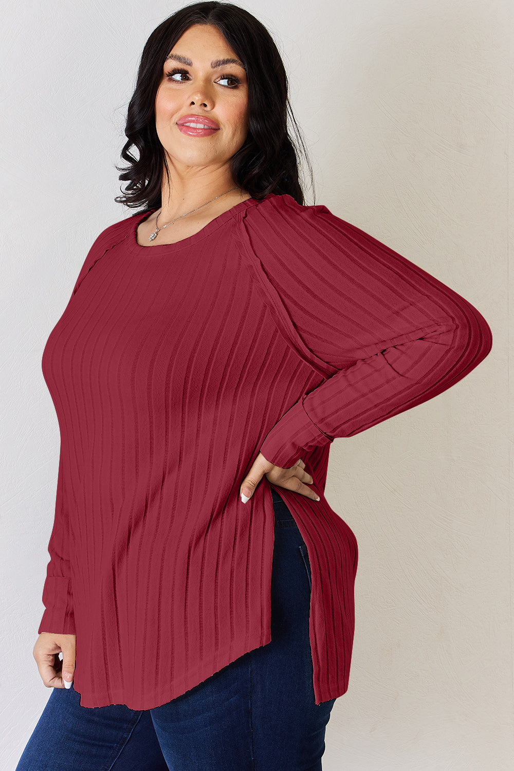 Comfort Ribbed Round Neck Slit T-Shirt