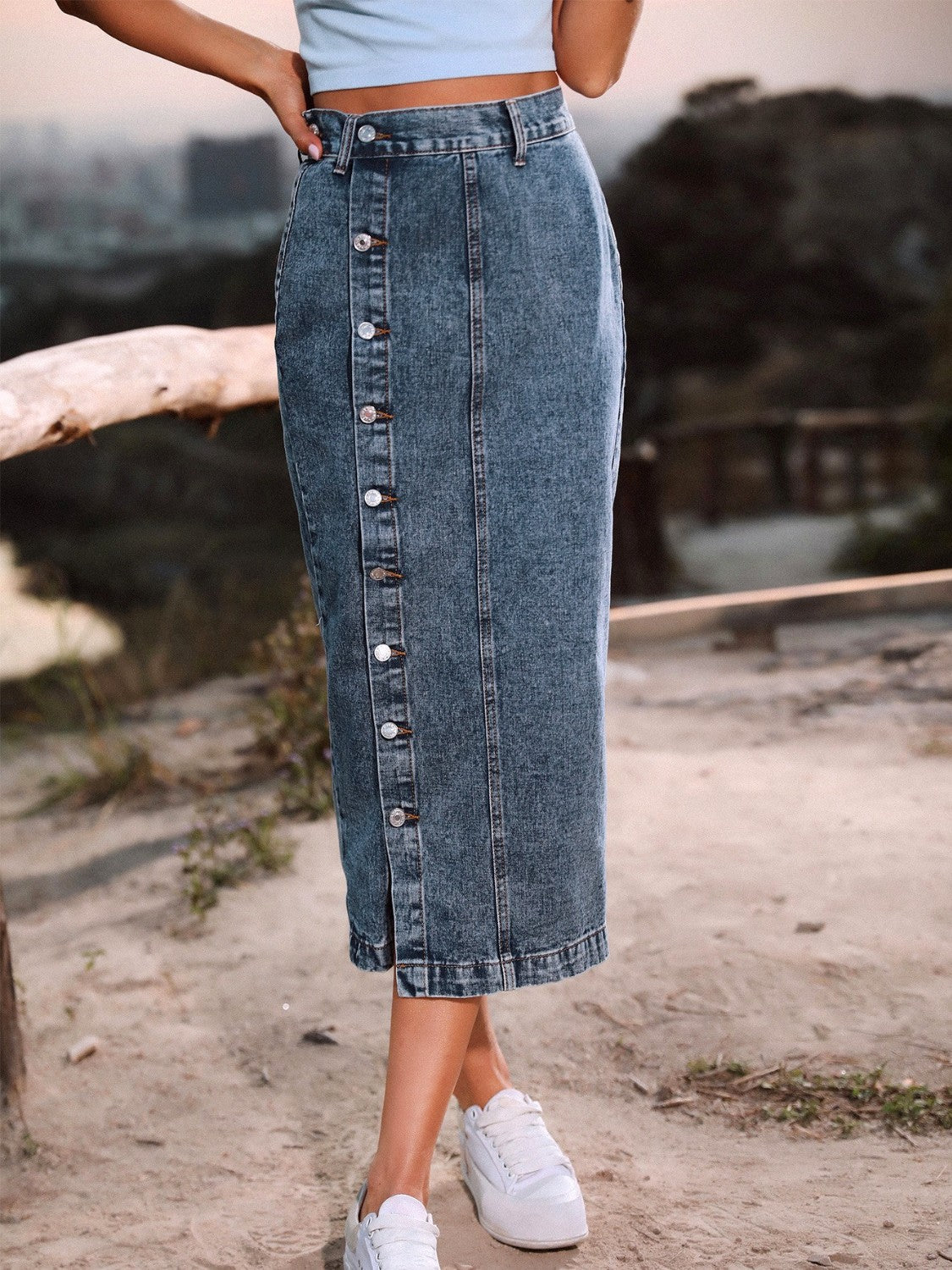 Indigo Charm Button-Front Skirt