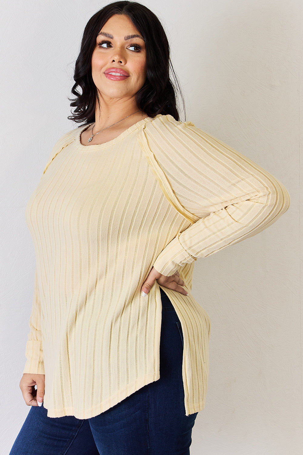 Comfort Ribbed Round Neck Slit T-Shirt