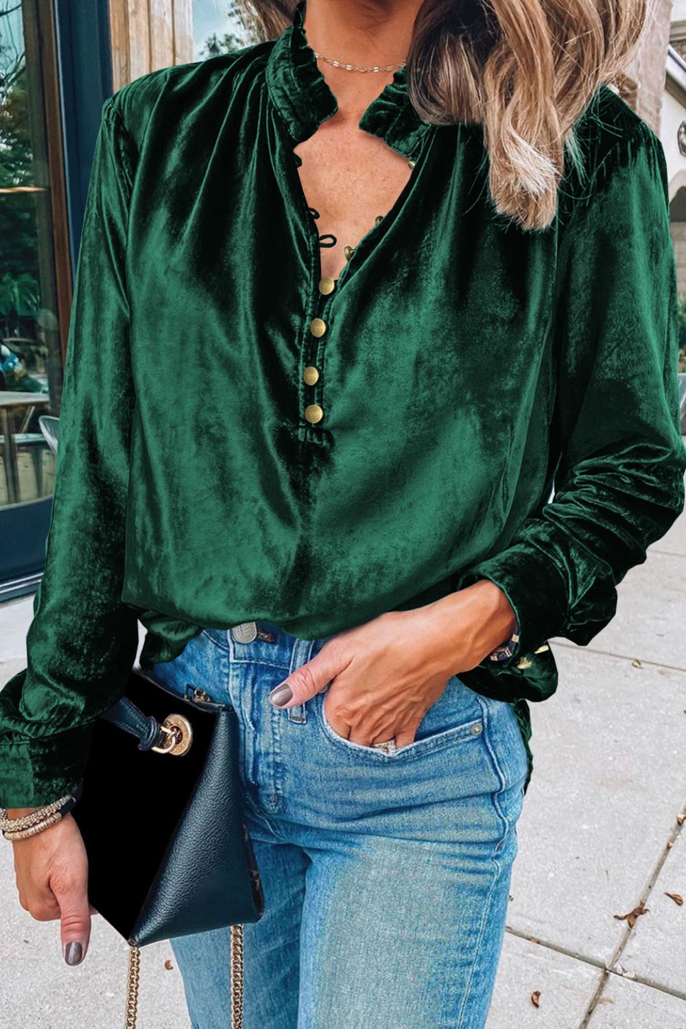 Velvet Button-Up Long Sleeve Blouse