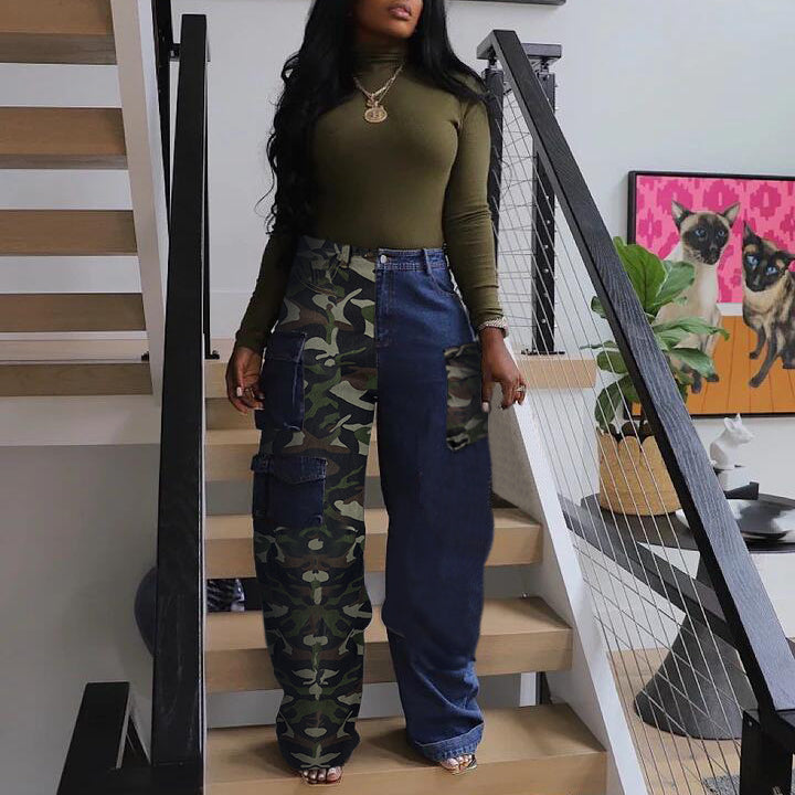 DENIM PATCHWORK CAMO PRINTED POCKET WOMEN PANTS