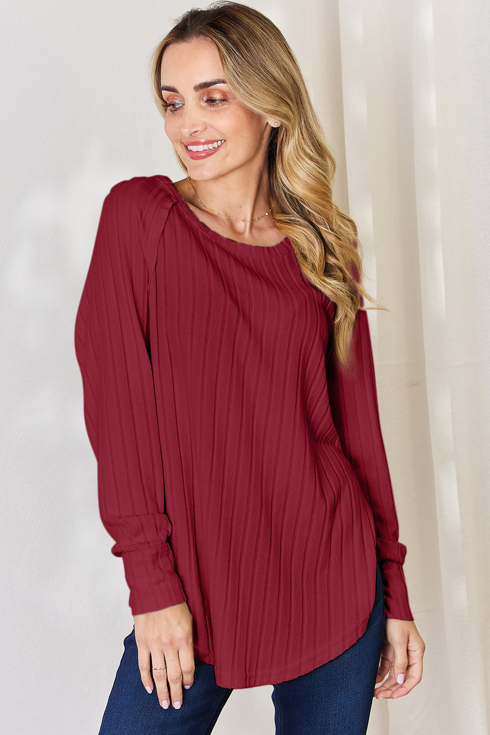 Comfort Ribbed Round Neck Slit T-Shirt