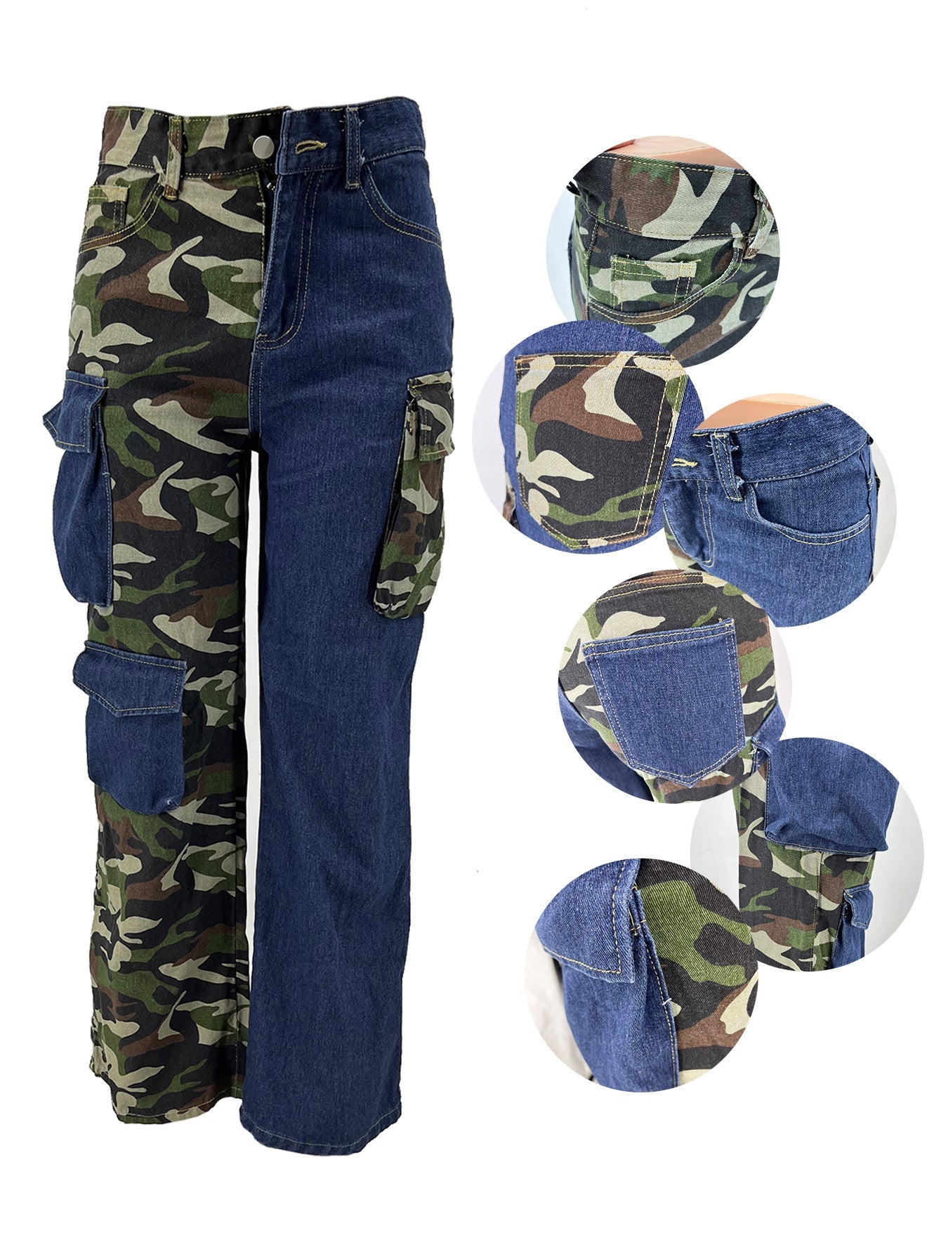 DENIM PATCHWORK CAMO PRINTED POCKET WOMEN PANTS