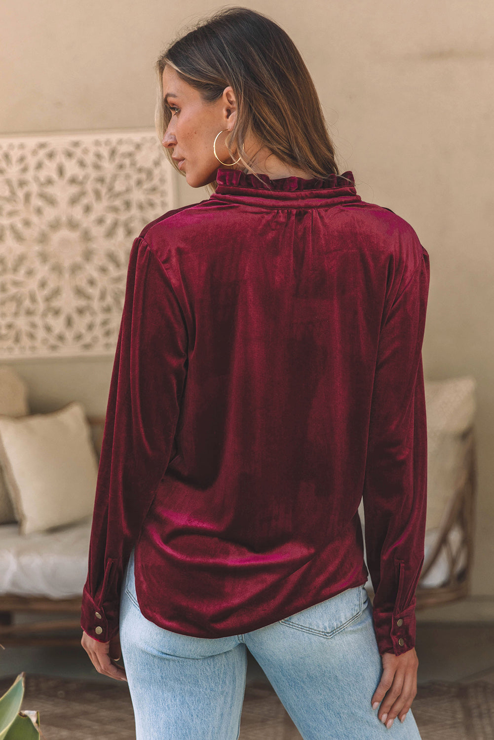 Velvet Button-Up Long Sleeve Blouse