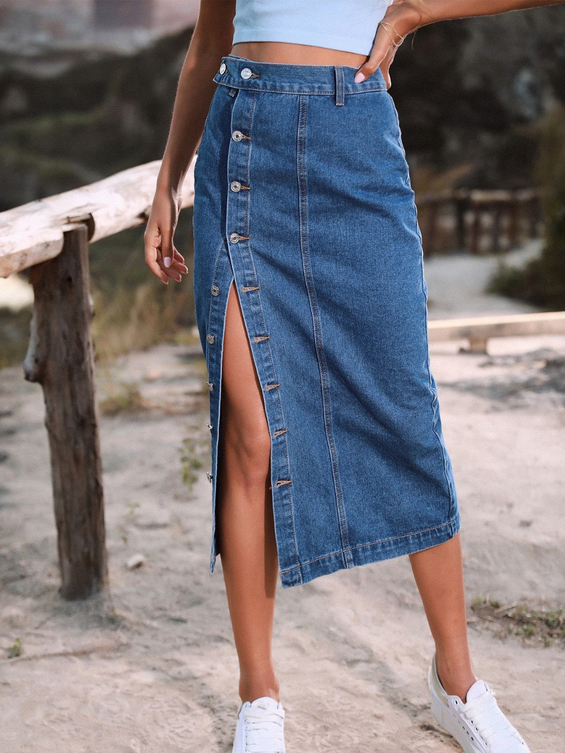 Indigo Charm Button-Front Skirt