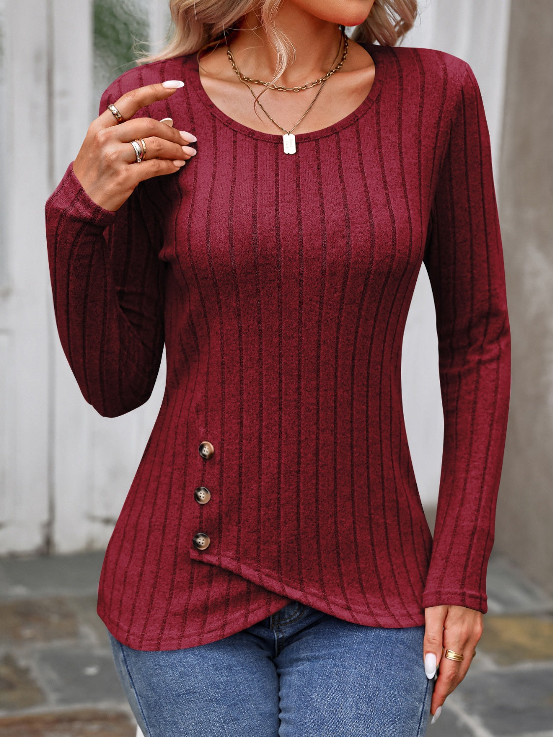 Slate Stripe Button Accent Top