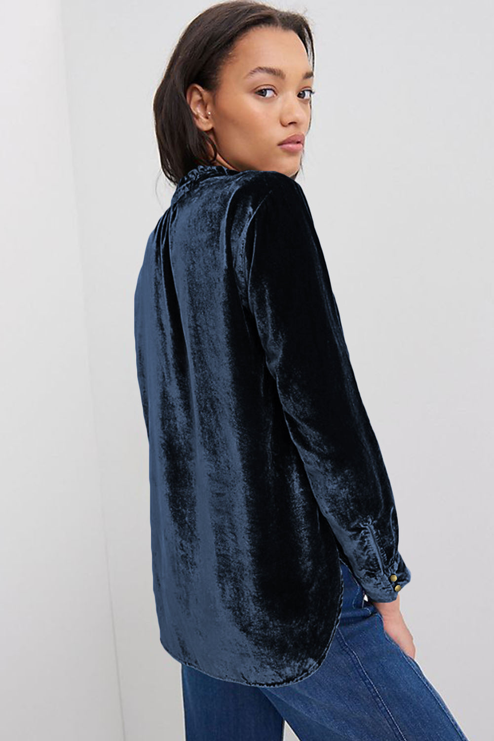 Velvet Button-Up Long Sleeve Blouse