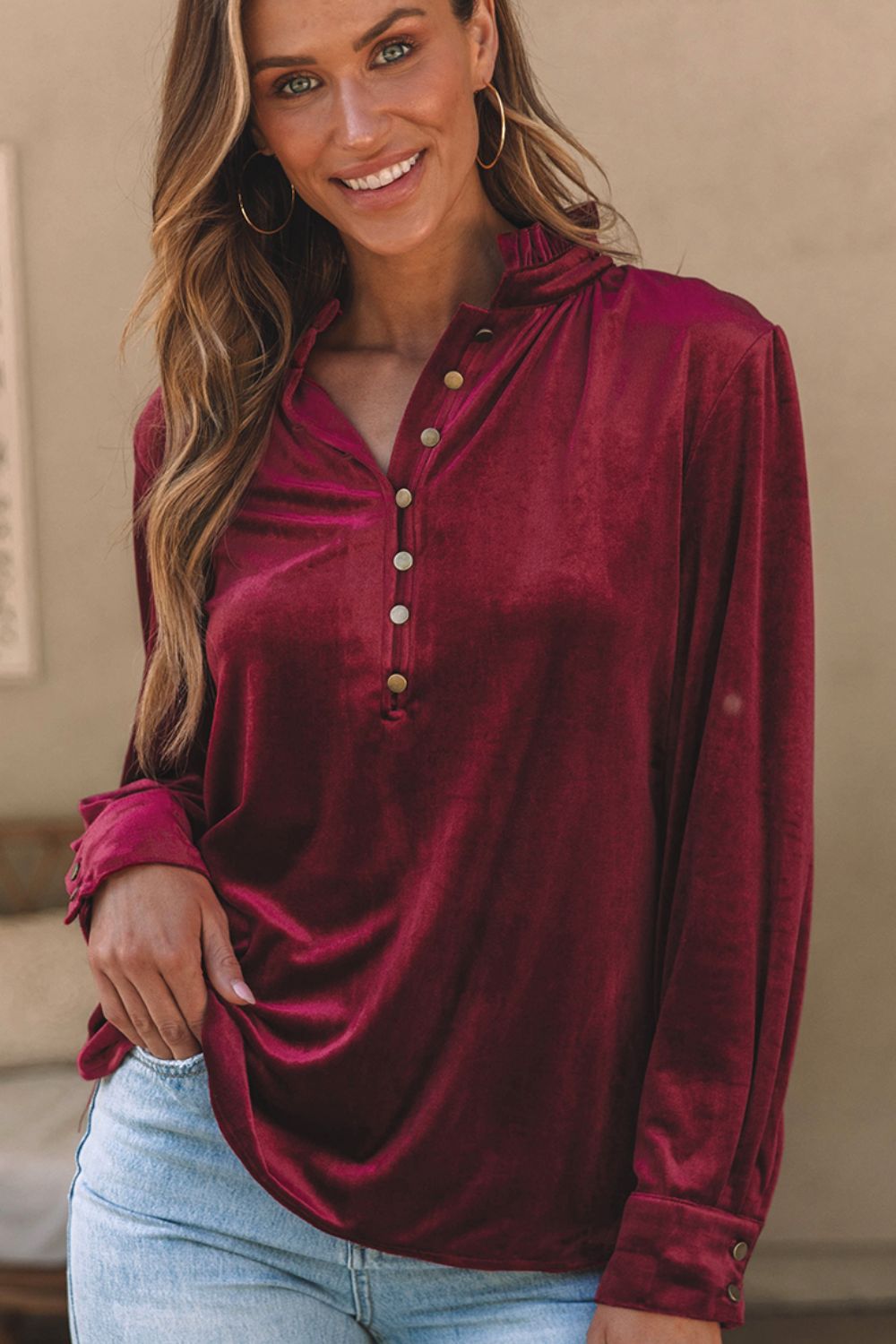 Velvet Button-Up Long Sleeve Blouse