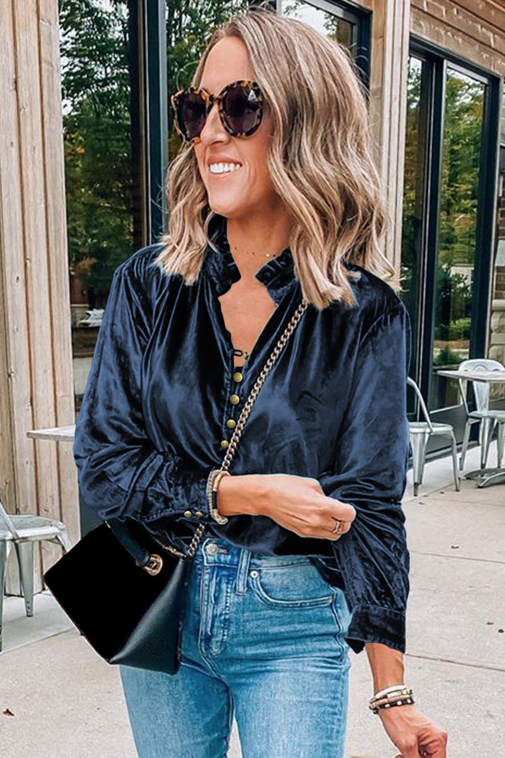 Velvet Button-Up Long Sleeve Blouse
