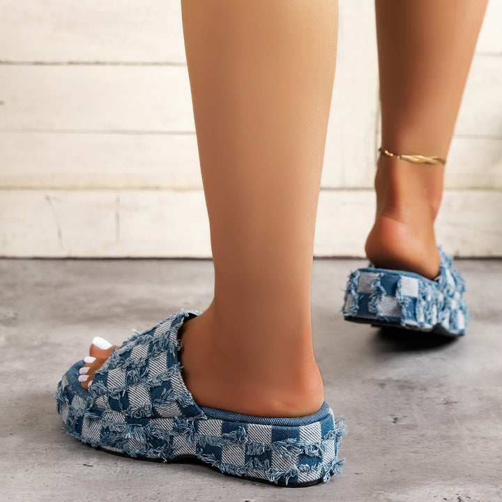 CHESSBOARD PLAID DENIM PLATFORM MID HEEL SLIPPERS