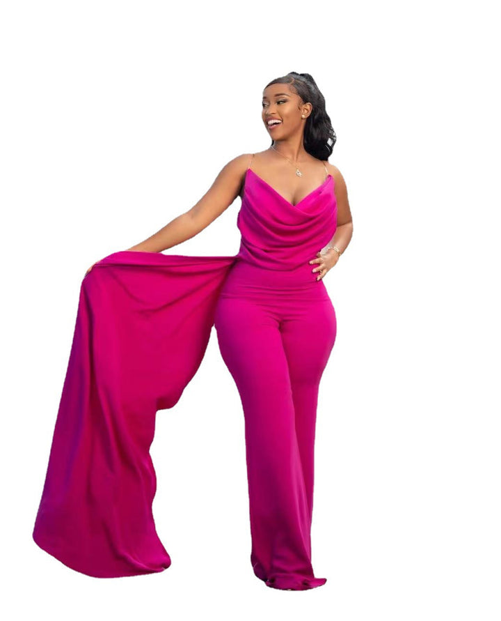TRANSPARENT SUSPENDER SIDE SILK FLOOR MOP PANTS JUMPSUIT