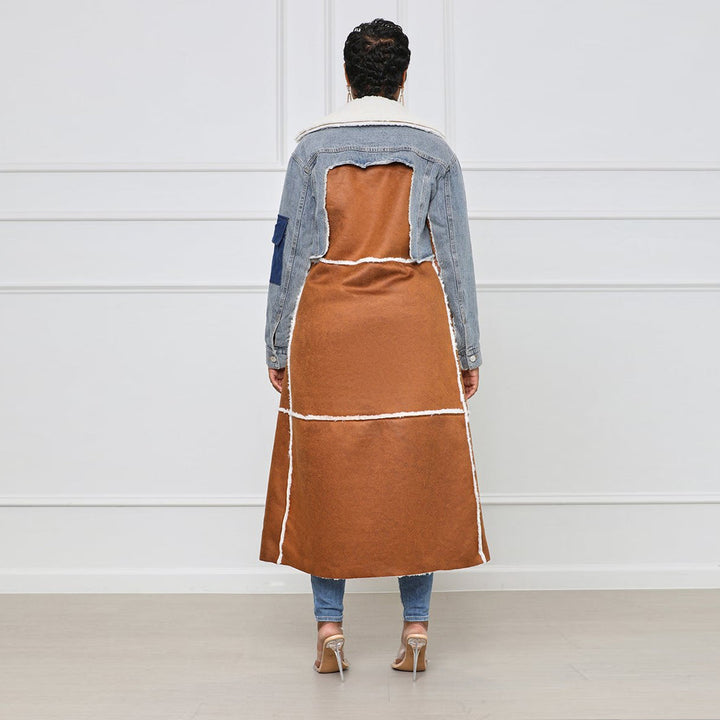 Fur and Denim Patchwork Long Coat