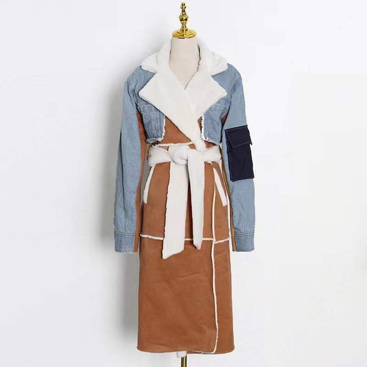 Fur and Denim Patchwork Long Coat