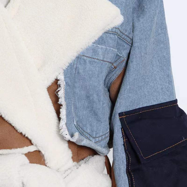 Fur and Denim Patchwork Long Coat
