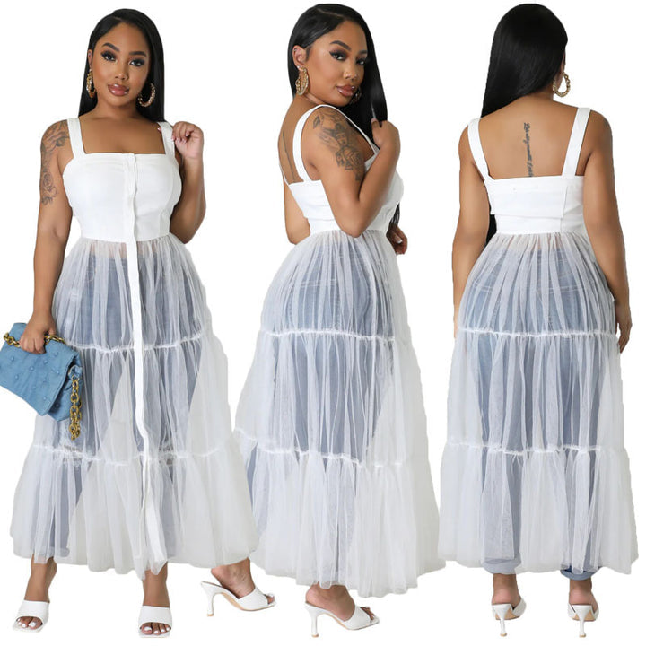 STRAPS TULLE STITCHING LARGE SWING DRESS
