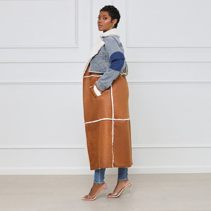Fur and Denim Patchwork Long Coat