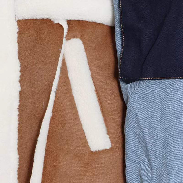 Fur and Denim Patchwork Long Coat