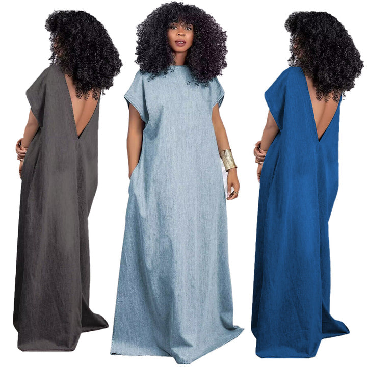 DENIM LOOSE DEEP V OPEN BACK DRESS