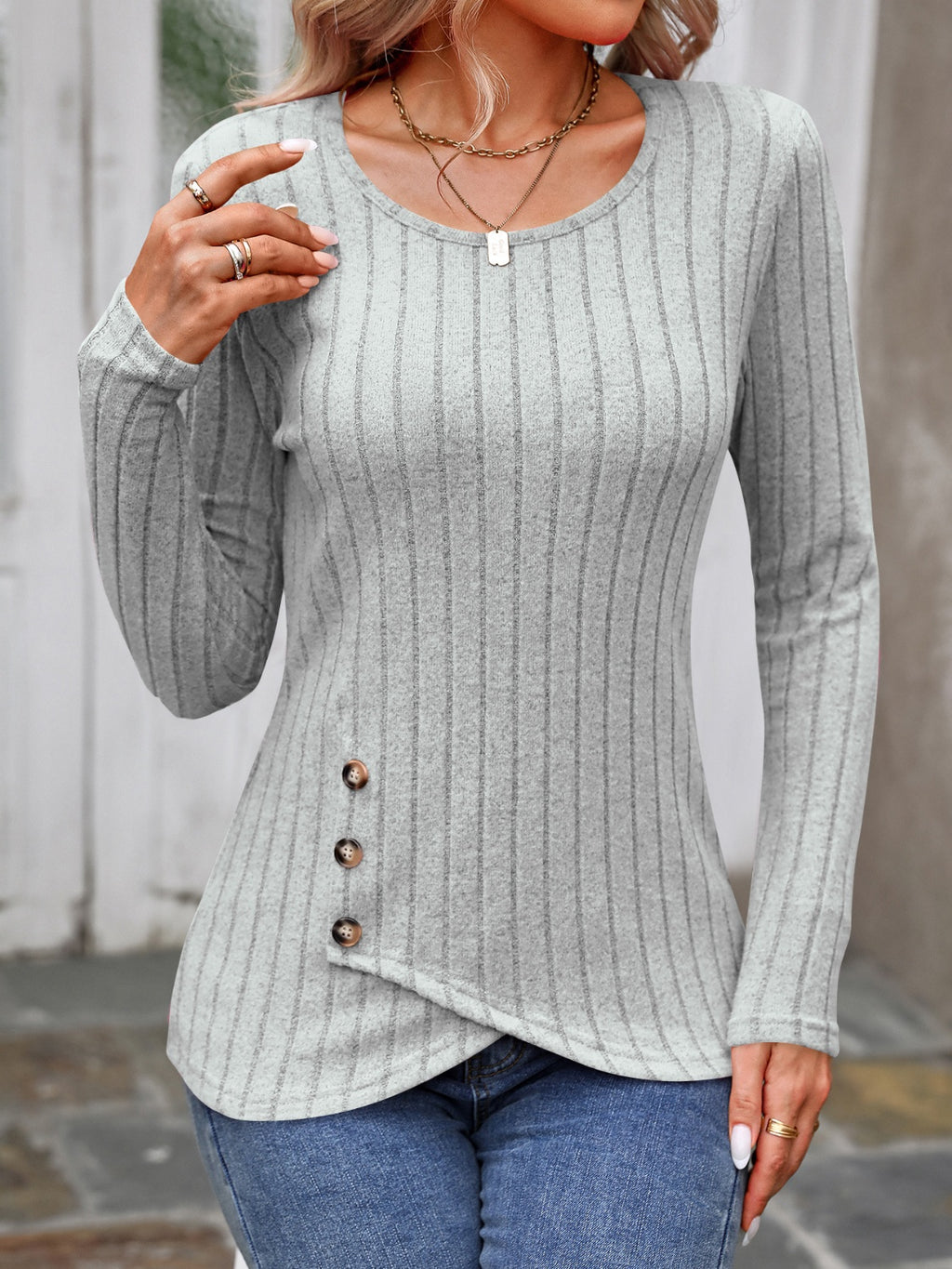 Slate Stripe Button Accent Top