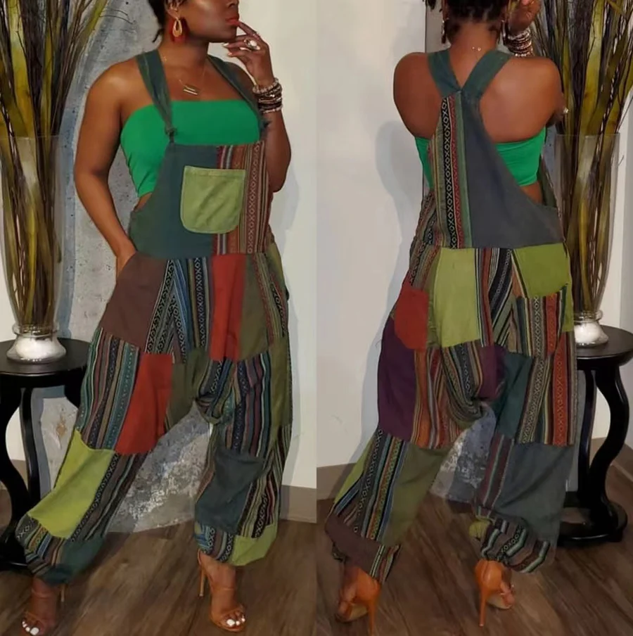 Bohemian Patchwork Jumpsuit with Suspenders