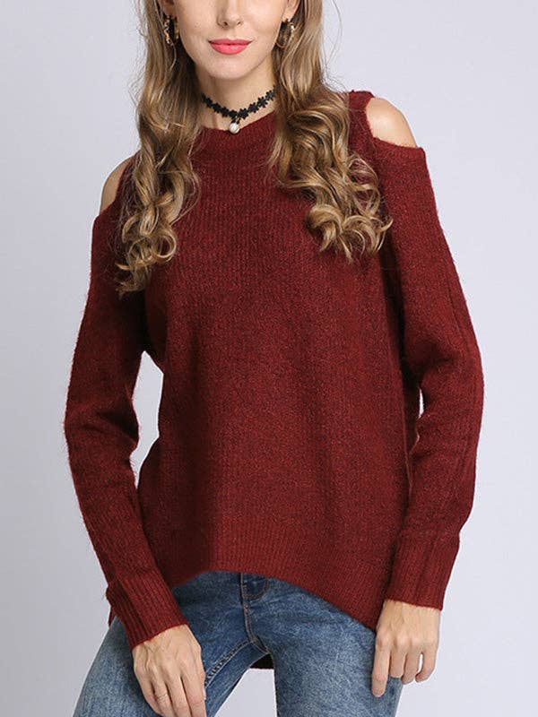 UZ Wholesale Store - Hollow Solid Color Long Sleeves Loose Round-neck Sweater Tops Pullovers Knitwear