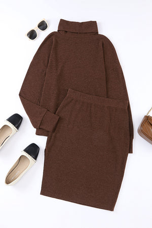 Mock Neck Long Sleeve Top and Slit Skirt Set