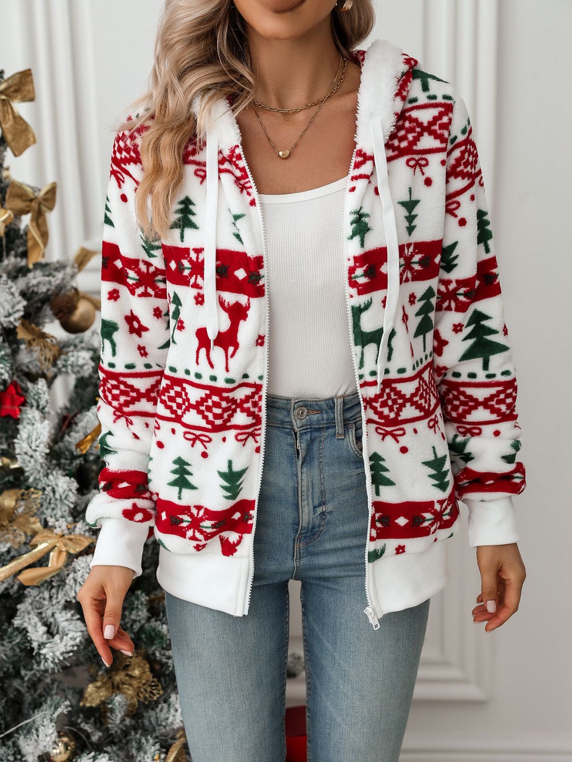 Holiday Cheer Fleece Zip-Up Hooded Jacket