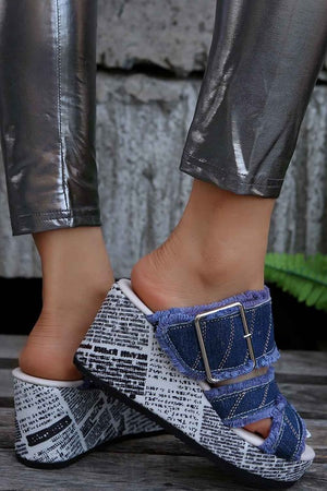 Buckle Fringed Denim Wedge Slippers