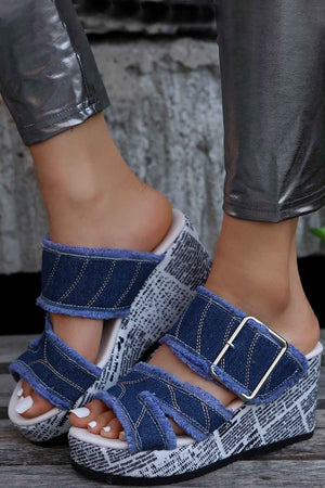 Buckle Fringed Denim Wedge Slippers