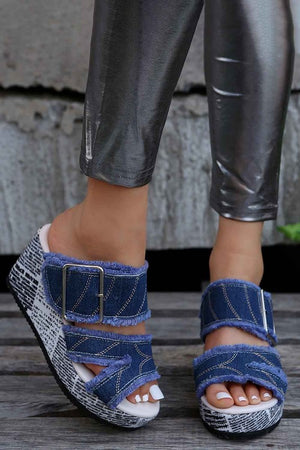 Buckle Fringed Denim Wedge Slippers