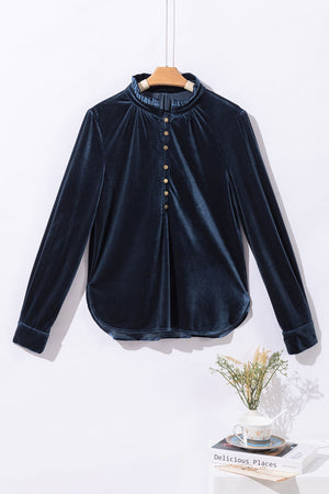 Velvet Button-Up Long Sleeve Blouse