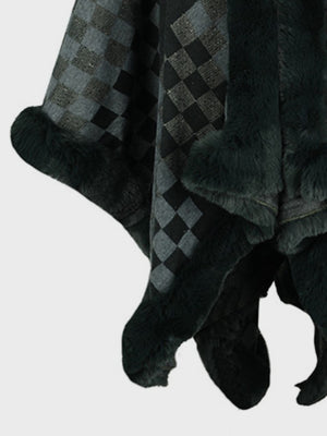 Chic Checkered Fur-Trim Poncho