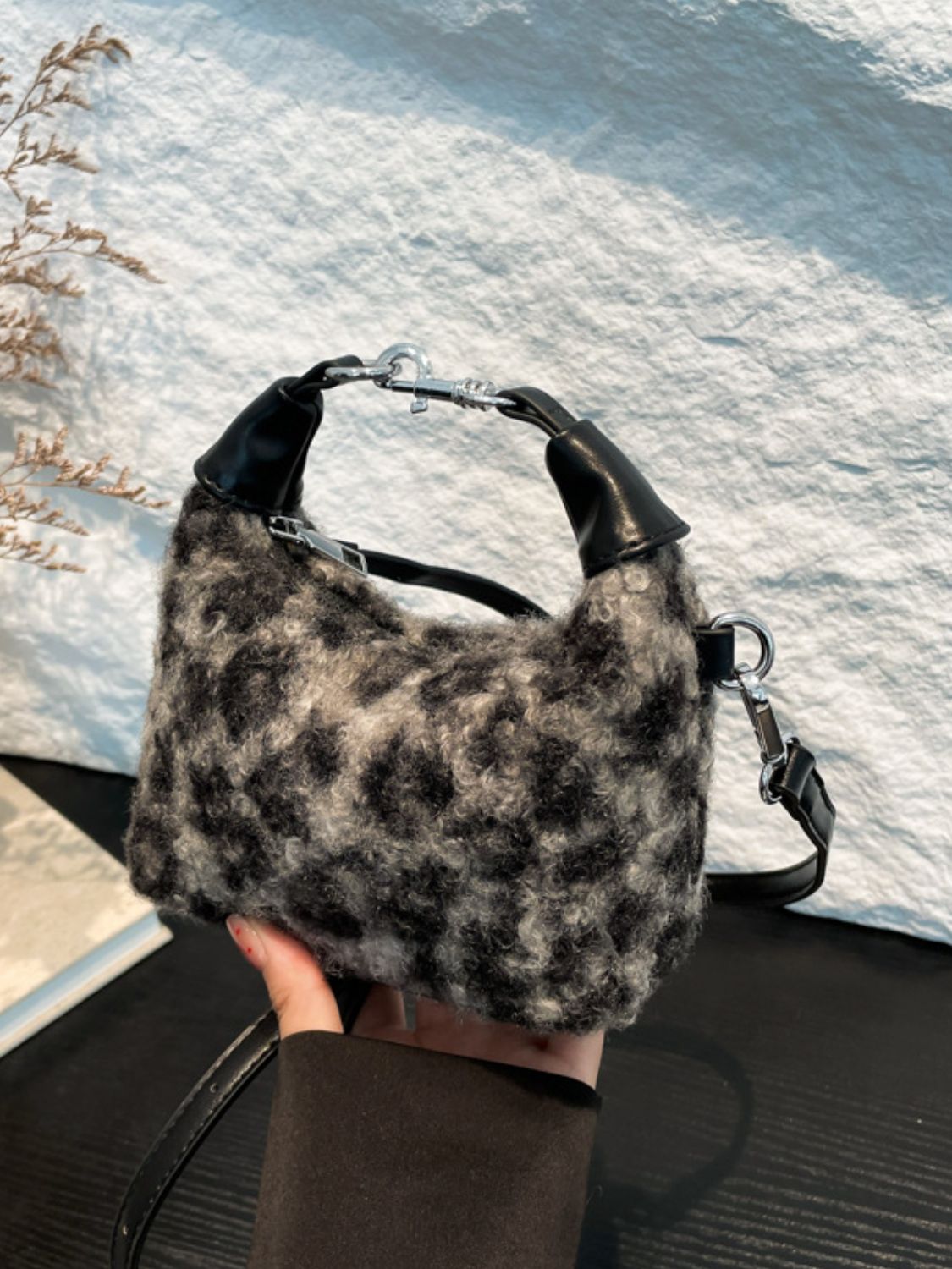 Fuzzy Crossbody Mini Handbag with Zipper