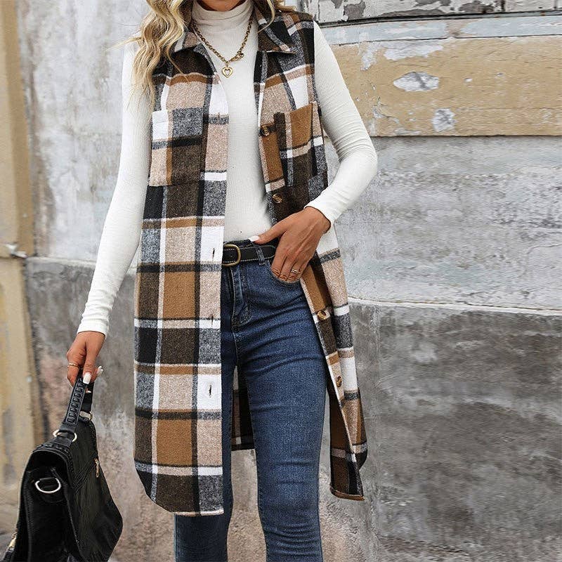 Plaid Vest With Lapel Collar And Long Length