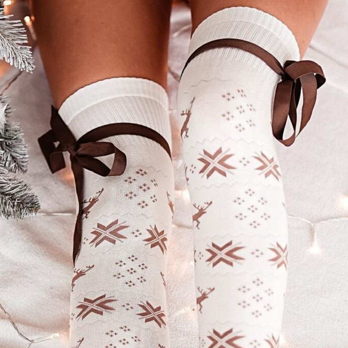 Noel Knit Bowknot Trim Over Knee Stockings