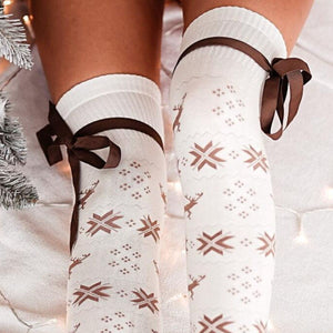 Noel Knit Bowknot Trim Over Knee Stockings