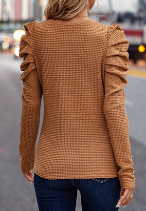 Decorative Button Round Neck Puff Sleeve Blouse