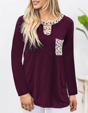 Cutout Leopard Round Neck Long Sleeve T-Shirt