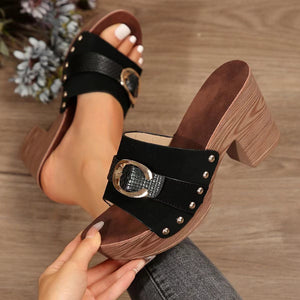 Sleek Buckle Wedge Mules