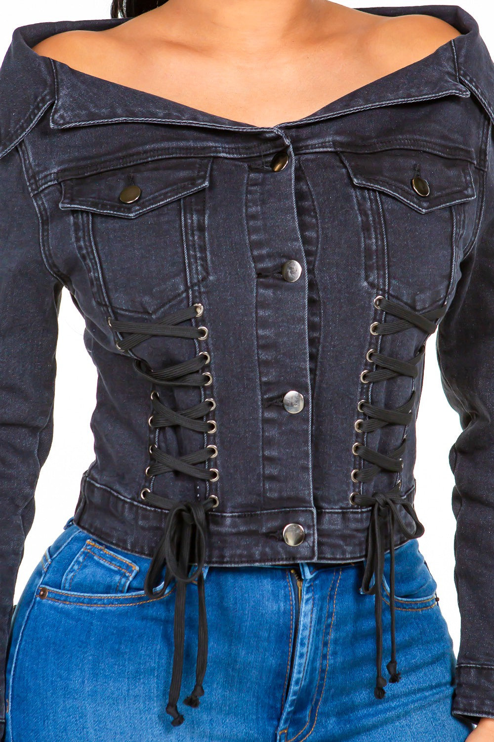 Edgy Lace-Up Off Shoulder Denim Jacket