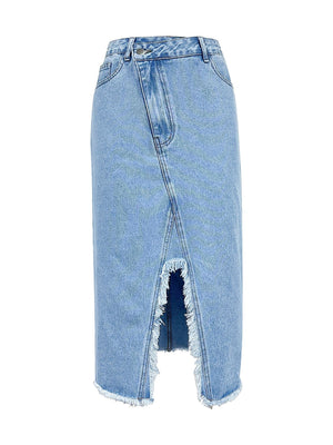 Raw Hem Slit Midi Denim Skirt