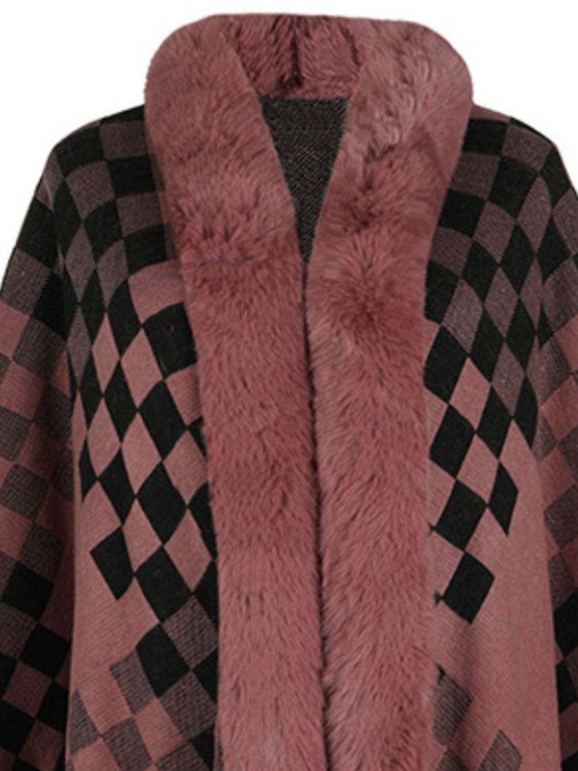 Chic Checkered Fur-Trim Poncho